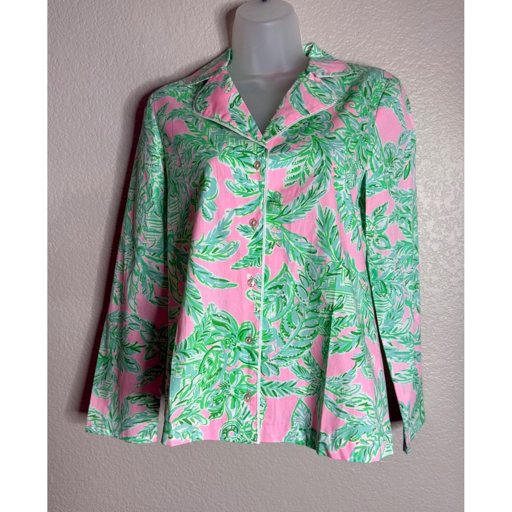 Lilly Pulitzer Womens XXS Pajama Top Pink Green Tropical Palm Sand Paradise